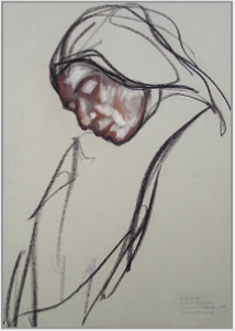 Drawing by Stanley Roseman, "Sister Paola at Vespers," 1998, Casa Emmaus, Italy, chalks on paper, Collection of the artist.  Stanley Roseman.