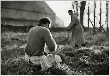 Stanley Roseman drawing Brother Dries at St. Sixtus Abbey, Belgium, 1981.  Photo by Ronald Davis