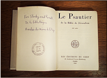 A gift copy of the Book of Psalms dedicated in friendship by Frre Benot, librarian, on behalf of the monks of the Abbey of La Trappe to Stanley Roseman and Ronald Davis. Photo  Ronald Davis. 
