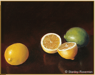 Still life by Stanley Roseman, "Lemons and Lime," 1975, oil on canvas, Private collection.  Stanley Roseman.