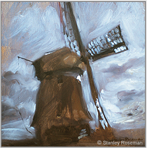 Painting by Stanley Roseman, "Windmill at Schermerhorn," 1978, oil on panel, Private collection, The Netherlands.  Stanley Roseman.