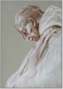Drawing by Stanley Roseman, "Brother Luis in Prayer," 1998, Abbey of San Pedro de Cardea, Spain, chalks on paper, Private collection, Switzerland.  Stanley Roseman.