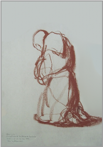 Drawing by Stanley Roseman, "Brother Luis kneeling in Prayer," 1998, Abbey of San Pedro de Cardea, Spain, bistre chalk on paper, Private collection, Belgium.  Stanley Roseman.