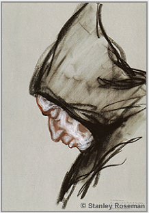 Drawing by Stanley Roseman, "Padre Valeriano in Prayer," 1998, Abbey of San Pedro de Cardea, Spain, chalks on paper, Victoria and Albert Museum, London.  Stanley Roseman.