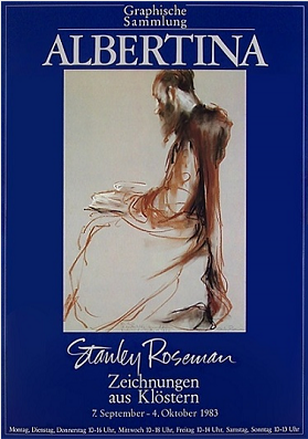Albertina poster announcing the exhibition "Stanley Roseman - Zeichnungen aus Klstern," 1983. The poster features the artist's drawing in the Albertina collection, "Brother Thijs in the Library," 1982, St. Adelbert Abbey, the Netherlands.
