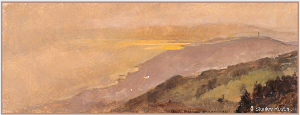 Landscape painting by Stanley Roseman , Spring Evening - View of Mont-Plerin and Lake Geneva, 1988, oil on panel, Muse des Beaux-Arts, Rouen.  Stanley Roseman   