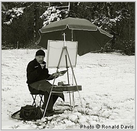 Stanley Roseman at his easel in a snowy field in the French countryside, 2007.  Photo by Ronald Davis