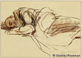 Drawing by Stanley Roseman, A Carthusian Monk Asleep in his Cell, 1982, Chartreuse de la Valsainte, Switzerland, chalks on paper, Ashmolean Museum, Oxford.  Stanley Roseman.