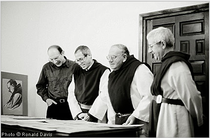 From left to right: Stanley Roseman, Brother David, Padre Jess, and Abbot Marcos, Abbey of San Pedro de Cardea, Burgos, 1998. The monks are making a selection of the artist's work as a gift from Roseman and Davis to the monastery. Photo by Ronald Davis