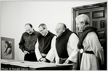 From left to right: Stanley Roseman, Brother David, Padre Jess, and Abbot Marcos, Abbey of San Pedro de Cardea, Burgos, 1998. The monks are making a selection of the artist's work as a gift from Roseman and Davis to the monastery. Photo by Ronald Davis