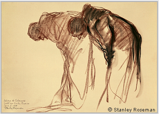 Drawing by Stanley Roseman, "Two Monks Bowing in Prayer," 1979, Abbey of Solesmes, France, chalks on paper, National Gallery of Art, Washington, D.C.  Stanley Roseman. 