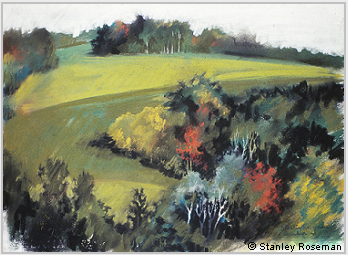 Landscape drawing by Stanley Roseman, A Wooded Vale in Autumn, 2001, chalks and pastels on paper, Private collection, France.  Stanley Roseman   