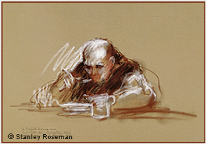 Drawing by Stanley Roseman, A Trappist Monk at Dinner,1978, St. Sixtus Abbey, Belgium, chalks on paper, Muse des Beaux-Arts, Bordeaux.  Stanley Roseman