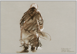 Drawing by Stanley Roseman, Brother Petrus walking in the Cloister,1978, Westmalle Abbey, Belgium, chalks on paper, Bibliothque Royale, Brussels.  Stanley Roseman