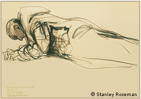 Drawing by Stanley Roseman, A Carthusian Monk in Prostration, 1982, Chartreuse de la Valsainte, Switzerland, chalks on paper, Private collection, Switzerland.  Stanley Roseman.