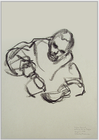 Drawing by Stanley Roseman, "Frre Samuel in the Refectory, 1997, Abbey of La Trappe, France, black chalk on paper, Private collection, France.  Stanley Roseman.