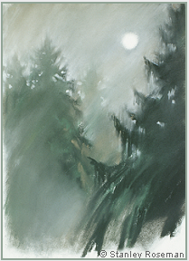 Landscape drawing by Stanley Roseman , A Foggy Morning in the Vosges, 2000, chalks and pastels on paper, Private collection, France.  Stanley Roseman   