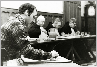 Stanley Roseman drawing in the refectory of St. Augustines Abbey, Ramsgate, Kent, 1979.  Photo by Ronald Davis.